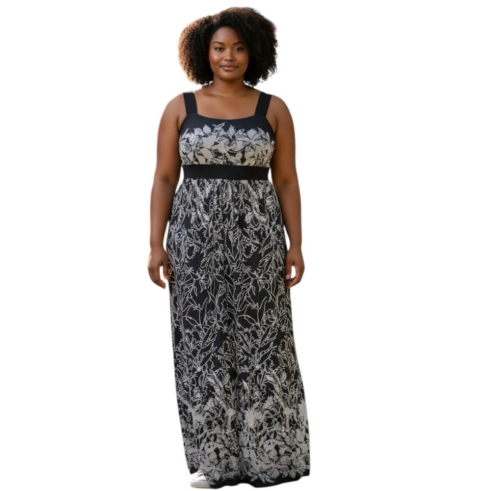 IGIGI Black White Floral Print Maxi Dress Empire Waist Size 14/16 Made USA